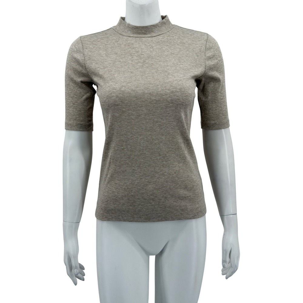 Style & Co Top Womens XS Tan Mock Neck Ribbed Stretch Lightweight Minimalist